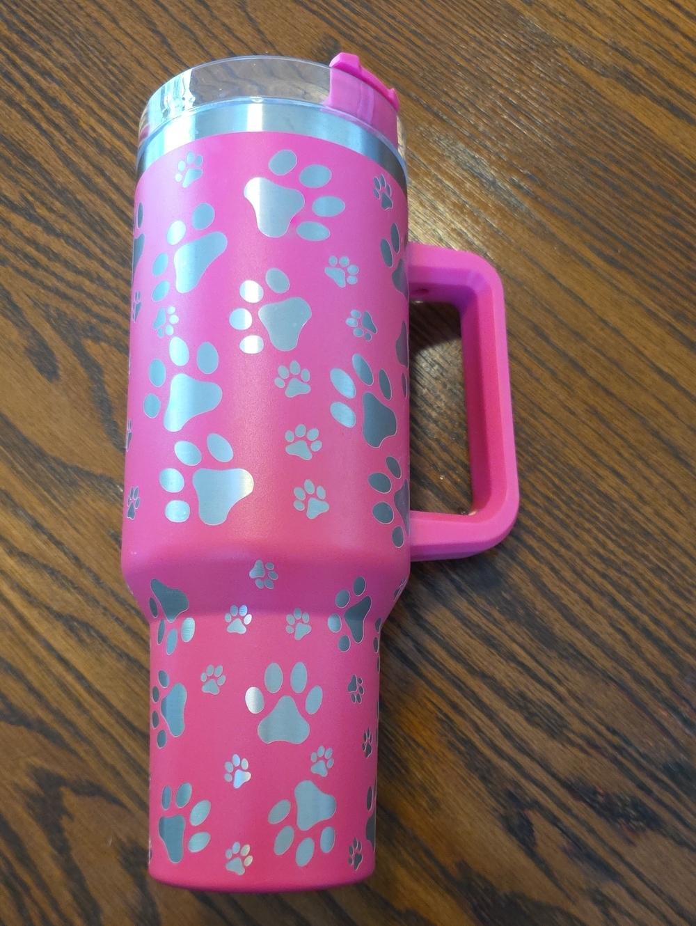 Pink Paw-Print Travel Mug with Handle - Insulated Pet-Themed Tumbler